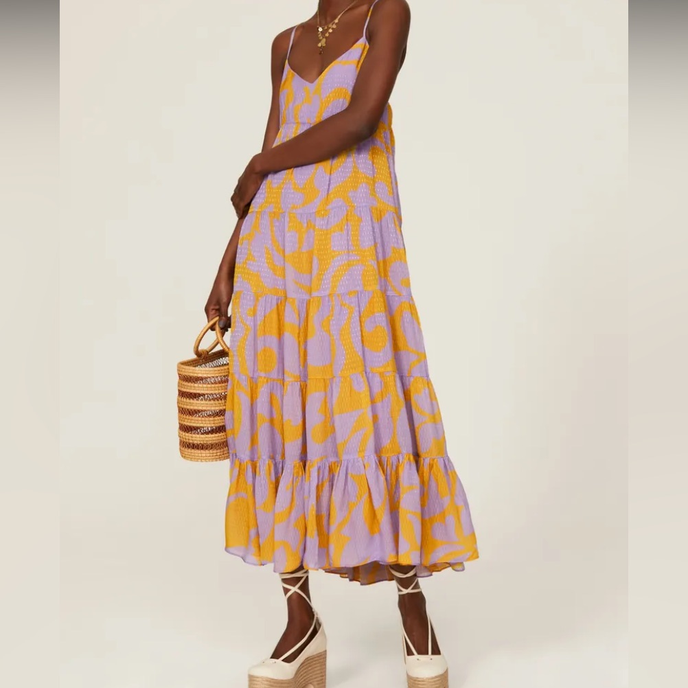 Rhode Josephine Tiered Maxi Dress Yellow Purple Abstract Xs Designer Spring Maxi